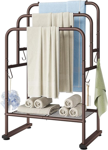 ELYKEN 40'' Tall Standing Towel Racks, 3 Tier Towel Drying Rack Outdoor, Pool Towel Stand Blanket Holder with Shelf & 4 Removable Hooks, Metal Freestanding Towel Racks for Bathroom, Smooth Silver