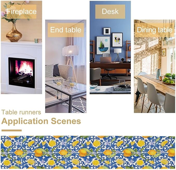 Rustic Lemon Table Runner,Vintage Morocco Blue Mediterranean Spring Summer Fruit Print Table Runner for Farmhouse Kitchen Dining Table Home Party Decor 13x90in