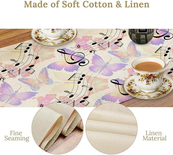 Music Butterfly Table Runner, Beautiful Musical Notes Spring Butterfly Background Print Table Runner for Holiday Kitchen Dining Outdoor Home Party 13x36in