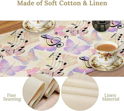 Music Butterfly Table Runner, Beautiful Musical Notes Spring Butterfly Background Print Table Runner for Holiday Kitchen Dining Outdoor Home Party 13x108in