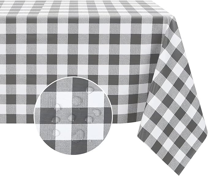 Romanstile Rectangle Vinyl Tablecloth, 100% Waterproof Buffalo Gingham Plastic Table Cloth, Heavy Duty Wipeable Checkered Table Covers for Outdoor, Camping, Picnic, Patio - 60 x 102, Grey and White