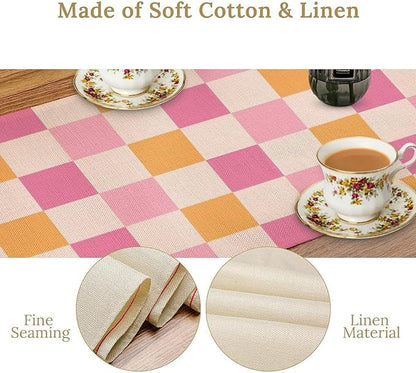 Pink Checkered Table Runner, Vintage 70s Abstract Cute Modern Hippie Table Runner for Party Kitchen Dining Home Outdoor 13x90in