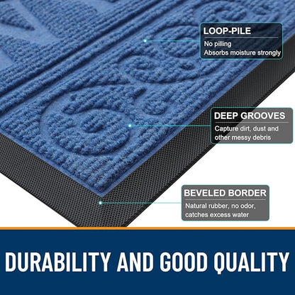 OLANLY Welcome Door Mat Indoor Outdoor Entrance, Heavy Duty Sturdy Front Door Mat, Waterproof All-Weather Doormat, Stain Resistant, Low Profile, Easy Clean Patio Entryway Mat, 29.5 x 17, Blue