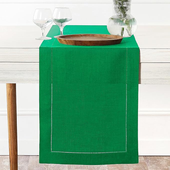 D'Moksha Homes Linen Kelly Green Table Runner 108 Inches Long - 100% Pure Linen 14 x 108 Inch Table Runner for St Patricks Day, Easter - Classic Hemstitch
