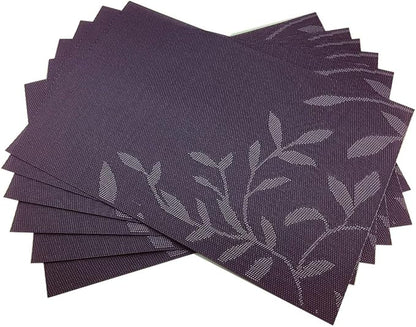 Gugrida Place Mats PVC Set of 6, Table Placemats Set of 6 PVC Woven Vinyl Place Mats Table Mats Natural Color (6 pcs, Purple Leaves)