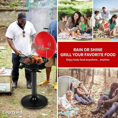 Electric BBQ Grill Techwood 15-Serving Indoor/Outdoor Electric Grill for Indoor & Outdoor Use, Double Layer Design, Portable Removable Stand Grill, 1600W (Stand Red BBQ Grills)