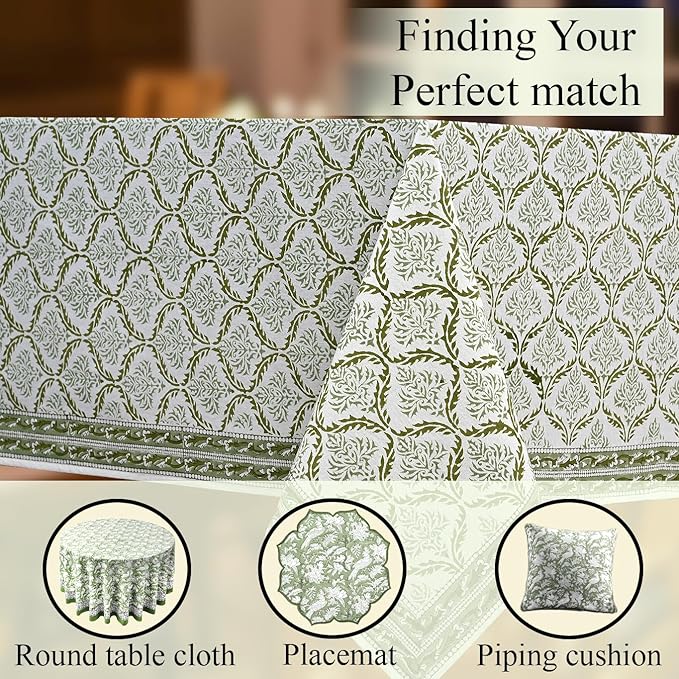 CPC Fern Regal Tablecloth 100% Cotton 72x140 Inch Indian Block Print Rectangle Table Cover, Table Cloth for Gifting in Weddings, Halloween, Fall, Christmas, Thanksgiving