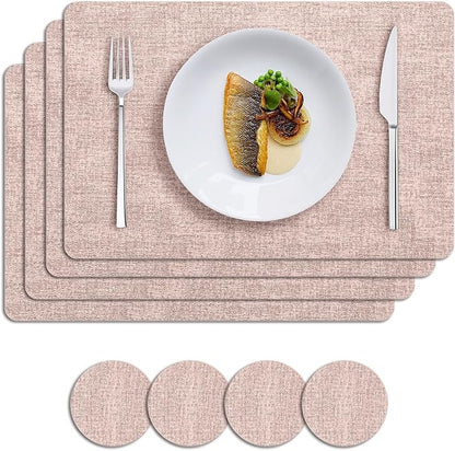 MOSAYT Faux Leather Placemats Set of 8, Heat Resistant Vinyl Place Mats with Coasters, Wipeable Washable Waterproof Oil Proof Table Mats for Kitchen Dining Indoor Outdoor, 12" x 17", Pink