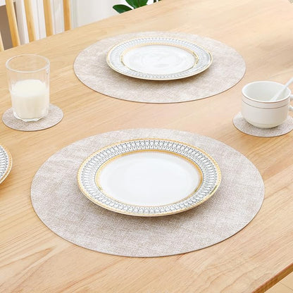 Homaxy Round Faux Leather Placemats and Coasters, Washable Dual-Side Table Mats, Wipeable Heat-Resistant Dining Place Mats for Outdoor and Indoor, Set of 8, Diameter 13 and 3.93 inch, Beige