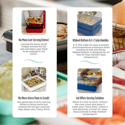 Fancy Panz - Denim Blue Classic Aluminum Foil Pan Carrier with Lid - Elevated Food Serving Tray - Portable Casserole Carrier with Lid - Made in The USA Hosting Essentials