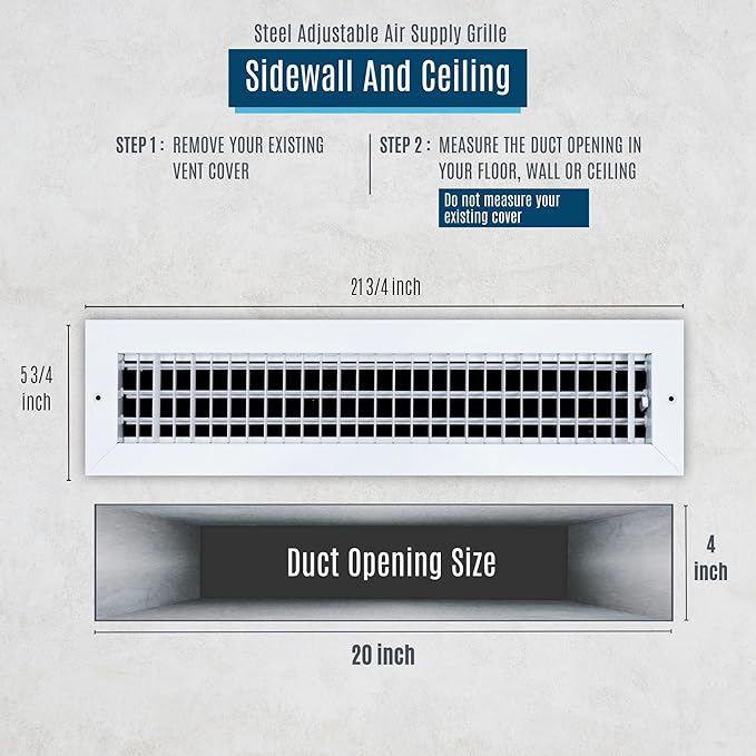 [5 Pack] Fits 20x4 Duct Opening Steel Adjustable Air Supply Grille by Handua | Register Vent Cover Grill for Sidewall and Ceiling | White | Out. Dim.: 21.75" X 5.75"
