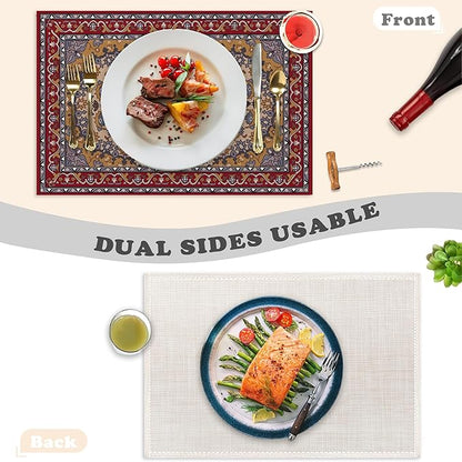 Ethnic Boho Linen Placemats Set of 6,12x18 Inch Vintage Bohemian Washable Table Mats Heat Resistant Place Mats for Home Party Kitchen Dining Decoration