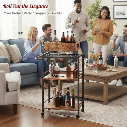 3-Tier Bar Cart for The Home, Rolling Cart with Wheels and Handle, 3-Tier Serving Cart with Removable Tray, Kitchen Carts on Wheels with Storage