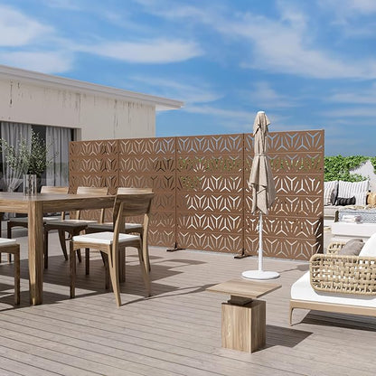 Casaphoria Metal Privacy Screen Outdoor, 72" H x 47" W Freestanding Decorative Privacy Screen for Patio Deck Balcony Garden with Stable Base, Brown Star