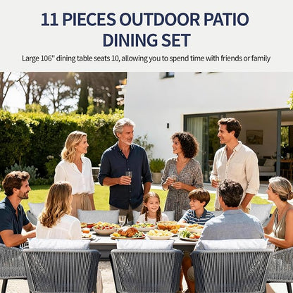 11 Pieces Patio Dining Set for 10 - All Weather Outdoor Dining Sets, All in One Outdoor Table and Chairs, Wicker Outdoor Patio Furniture Sets with Cushions and Pillows, Grey
