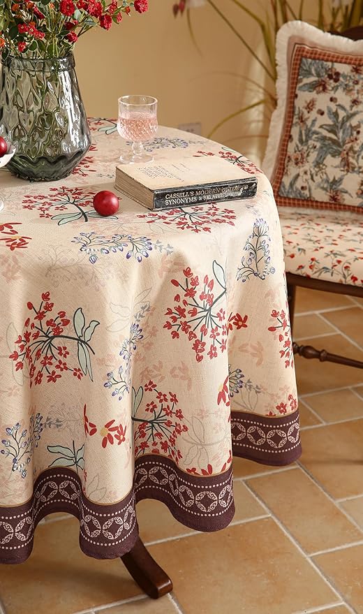 patdrea Designer Linen French Round Table Cloth,Vintage Red Floral Durable Breathable Colorful Dacorative Tablecloth for Kitchen Dining,Christmas,Thanksgiving,Holiday,Diameter 67"-Newmari