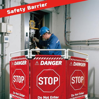 Safety Caution Barricade 3Panels Foldable Security Signs With PVC Tarp Removable Safety Barrier Wet Floor Guard Symbol Clear Printing Safety Fence(Red3)