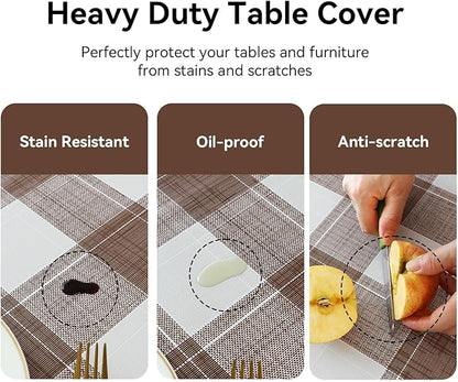 Romanstile Square Plastic Tablecloth, 100% Waterproof Oil-Proof Checkered PVC Table Cloth, Heavy Duty Vinyl Table Cover for Dining, Camping, Picnic, Outdoor - 54 x 54 Inch, Brown Checkered