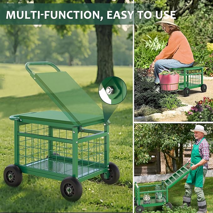 Garden Cart with Seat, 3-in-1 Rolling Seat with Wheels - Image 5