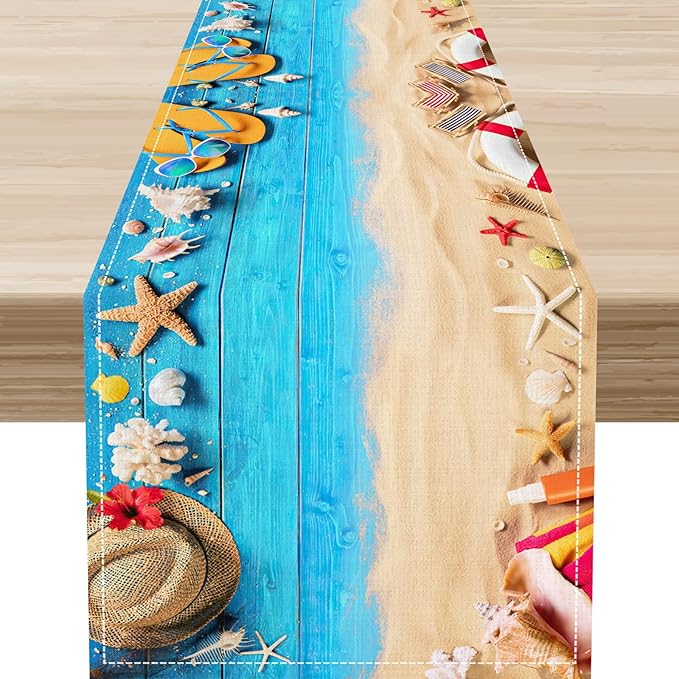 Summer Coastal Table Runner, Nautical Starfish Beach Seashell Ocean Retro Wooden Plank Seasonal Coffee Table Center Decor for Home Kitchen Dining Patio Holiday Party Table Decorations 13"x108"