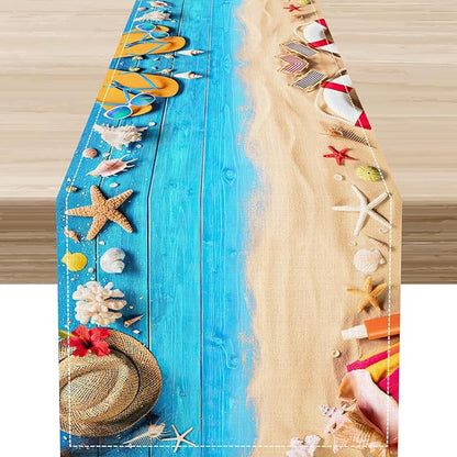 Summer Coastal Table Runner, Nautical Starfish Beach Seashell Ocean Retro Wooden Plank Seasonal Coffee Table Center Decor for Home Kitchen Dining Patio Holiday Party Table Decorations 13"x36"