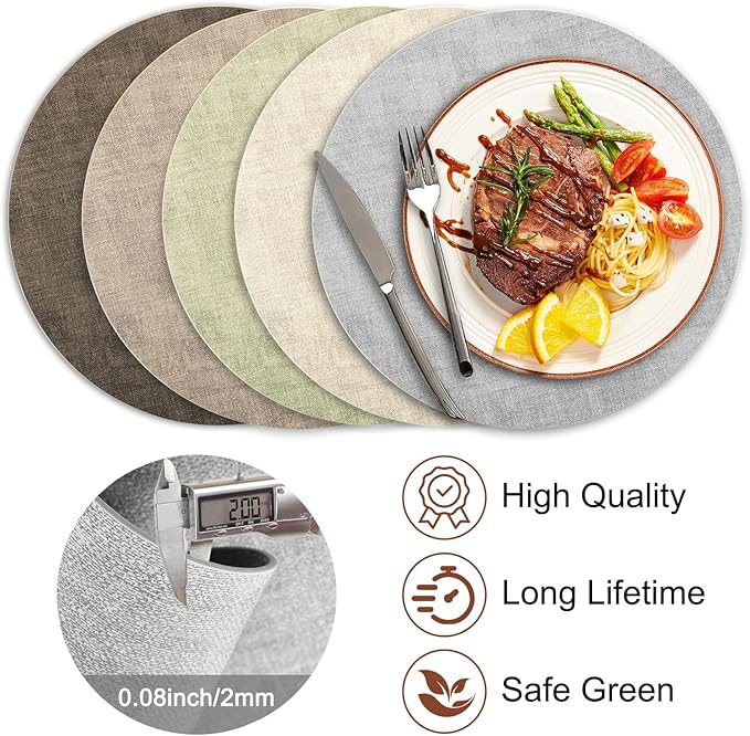 Round Faux Leather Placemats and Coasters, Set of 4, Reversible Heat Resistant Non-Slip Table Mats, Waterproof Wipeable Place Mats for Dining Table, Washable for Indoor & Outdoor (4, Light Grey)