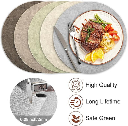 Round Faux Leather Placemats and Coasters, Set of 4, Reversible Heat Resistant Non-Slip Table Mats, Waterproof Wipeable Place Mats for Dining Table, Washable for Indoor & Outdoor (4, Light Grey)