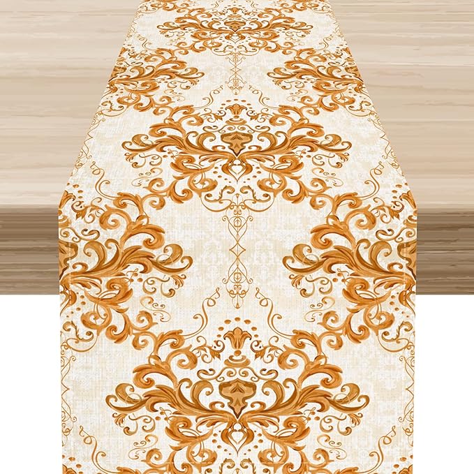 Damask Table Runner, Rustic Gold Gothic Boho Floral Flower Baroque Style Antique Vintage Retro Coffee Table Center Decor for Kitchen and Dining Outdoor Home Country Party Table Decorations, 13"x90"