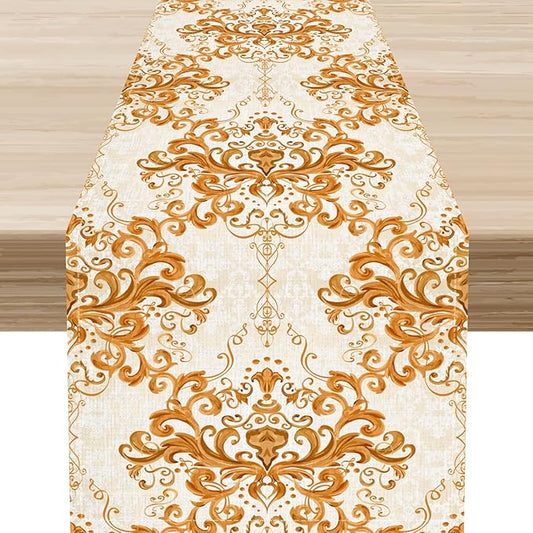 Damask Table Runner, Rustic Gold Gothic Boho Floral Flower Baroque Style Antique Vintage Retro Coffee Table Center Decor for Kitchen and Dining Outdoor Home Country Party Table Decorations, 13"x90"