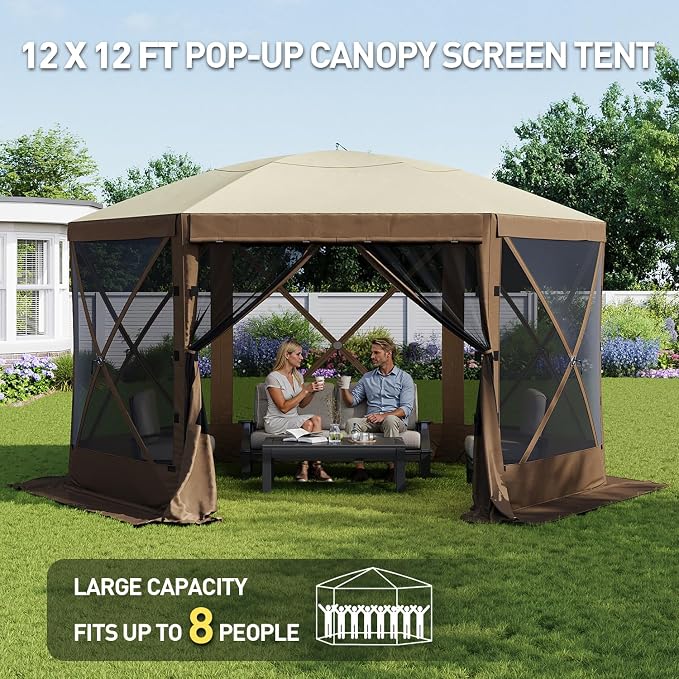 Aoxun 12x12ft Pop Up Canopy Tent, Camping Gazebo Screen Tent, Mesh Windows - Image 2