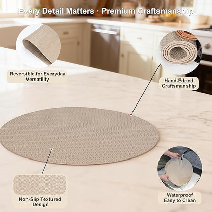 Round Faux Leather Placemats Set of 6 – 13 Inch Vinyl Mats, Heat Resistant, Non Slip, Wipeable & Washable, Easy to Clean Dining Table Decor for Kitchen & Holiday Gatherings（Light Taupe）