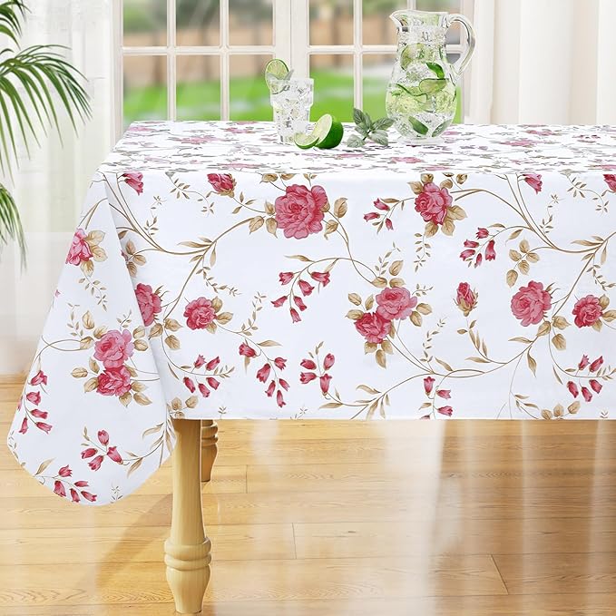 misaya Rectangle Waterproof Vinyl Table Cloth, Plastic Tablecloth with Flannel Backing, Wipeable Table Cover for Dinner, Picnic, Indoor and Outdoor (Pink Flowers, 52" x 70")