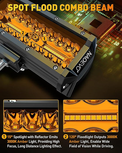 NAOEVO 7 Inch Amber LED Light Bar, 240W 24,000LM Offroad Fog/Driving Lights LED Pods with 2 Leads Wiring Harness Kit, Spot & Flood Work for Truck Boat UTV ATV, 2-Pack (Amber)