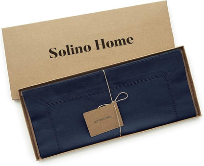 Solino Home Navy Blue Table Runner 108 Inches Long - Cotton Linen Hemstitch 14 x 108 Inch Table Runner for Dining, Spring, Easter, Winter