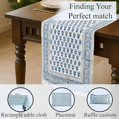 CPC Cotton Table Runner 16x60 Inch Block Printed Long Fall Table Runner for Dining Table, Card Table, Coffee Table, Wedding, Farmhouse & Outdoor Barbeque-Apatite Blue