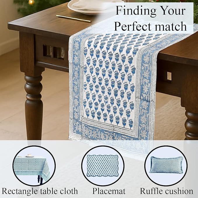 CPC Cotton Table Runner 16x90 Inch Block Printed Long Fall Table Runner for Dining Table, Card Table, Coffee Table, Wedding, Farmhouse & Outdoor Barbeque-Apatite Blue