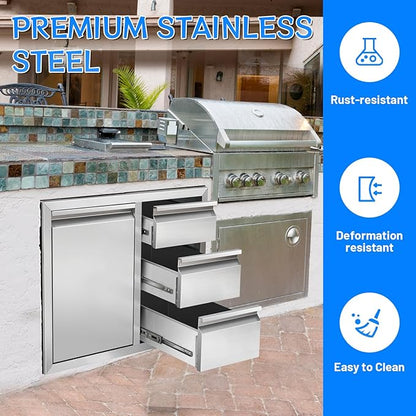 Outdoor Kitchen Drawer Combo, Stainless Steel Triple Drawer Cabinet with Built-in Trash Drawer & Two Trash Cans, 28" W x 22" H x 19.5" D Outdoor Kitchen Storage for BBQ Grill Islands