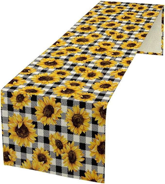 Summer Sunflower Table Runner, Sunshine Seasonal Buffalo Plaid Table Runner for Indoor Home Party Kitchen Dining Outdoor 13x108in
