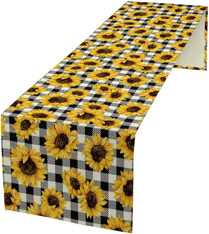 Summer Sunflower Table Runner, Sunshine Seasonal Buffalo Plaid Table Runner for Indoor Home Party Kitchen Dining Outdoor 13x108in