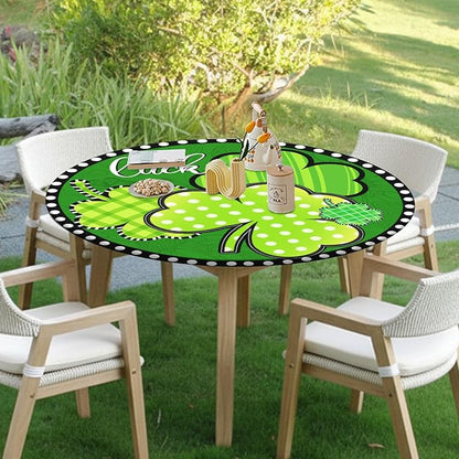 St Patricks Day Round Fitted Tablecloth with Elastic Green Shamrock Lucky Circle Table Cover for 36-40" Tables Spring Clover Wipeable Waterproof Washable Table Cloth for Party Picnic Dining Decor