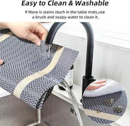 Vinyl Placemats Set of 8, PVC Woven Washable Non-Slip Table Mats, Heat Resistant Wrinkle Free Place Mats for Dining Table, Easy to Clean (Dark Blue)