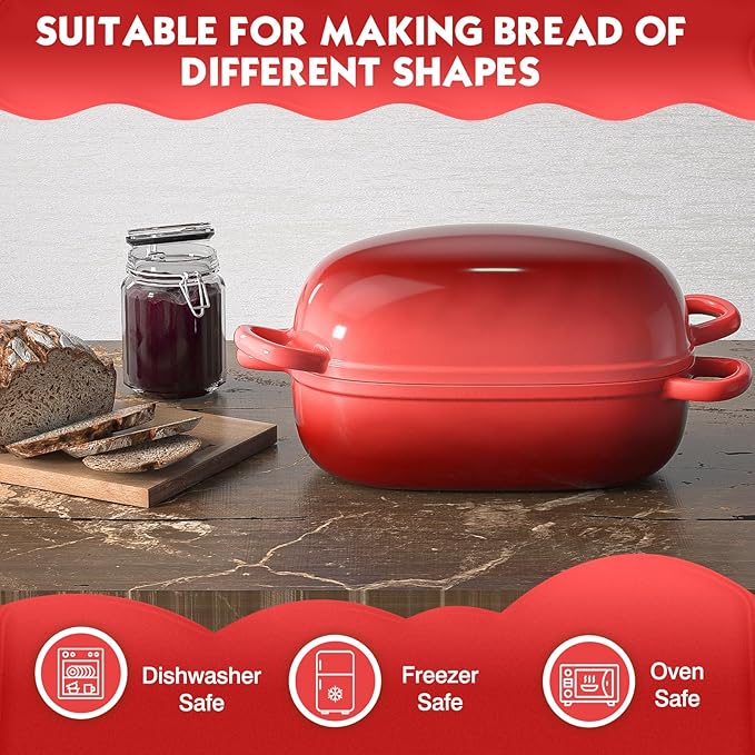 Dutch Oven for Bread Baking 9x6 Inch - 2.5QT Bread Pans for Homemade Bread Cast Iron Bread Pan Dutch Oven Loaf Pan with Lid and Loop Handles for Homemade Breadmaking, Red