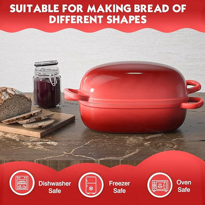 Dutch Oven for Bread Baking 9x6 Inch - 2.5QT Bread Pans for Homemade Bread Cast Iron Bread Pan Dutch Oven Loaf Pan with Lid and Loop Handles for Homemade Breadmaking, Red
