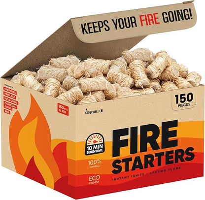 Moscow-Mix Fire Starter (150 PCS) Bulk Natural Fire Starters for Campfires, Fireplace, Charcoal Starter for Grill, BBQ, Wood Stove, Fire Pits - Odorless, Non-Toxic, Waterproof Natural Wood Starters