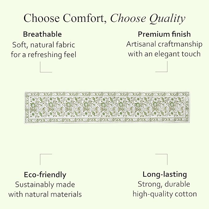 CPC Cotton Table Runner 16x106 inch Block Printed Long Fall Table Runner for Dining Table, Card Table, Coffee Table, Wedding, Farmhouse & Outdoor Barbeque-Agate Green