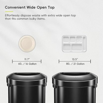 EKO Urban 21 Gallon Semi-Round Open Top Waste Bin, Stainless Steel Half Round Commercial Trash Can for Indoor and Outdoor, Extra Large Garbage Bin for Home, Office, Restaurant, 80L, Matte Black