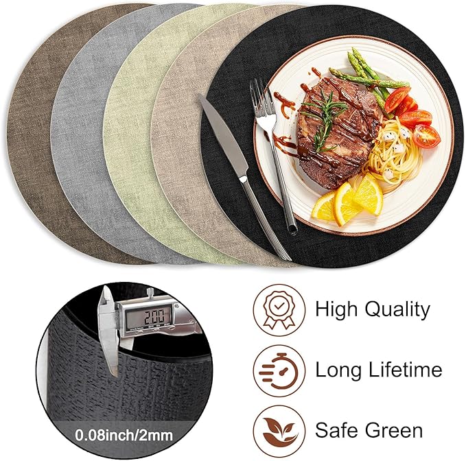 Round Faux Leather Placemats and Coasters, Set of 8, Reversible Heat Resistant Non-Slip Table Mats, Waterproof Wipeable Place Mats for Dining Table, Washable for Indoor & Outdoor (8, Black)