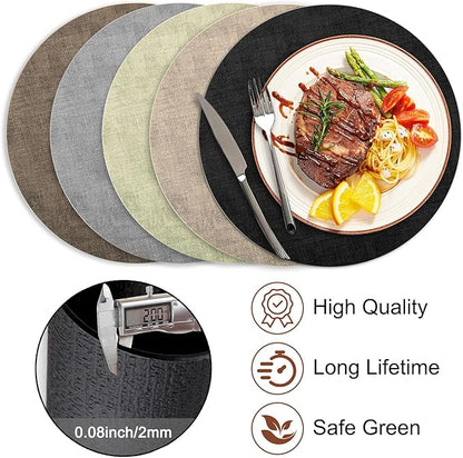 Round Faux Leather Placemats and Coasters, Set of 8, Reversible Heat Resistant Non-Slip Table Mats, Waterproof Wipeable Place Mats for Dining Table, Washable for Indoor & Outdoor (8, Black)
