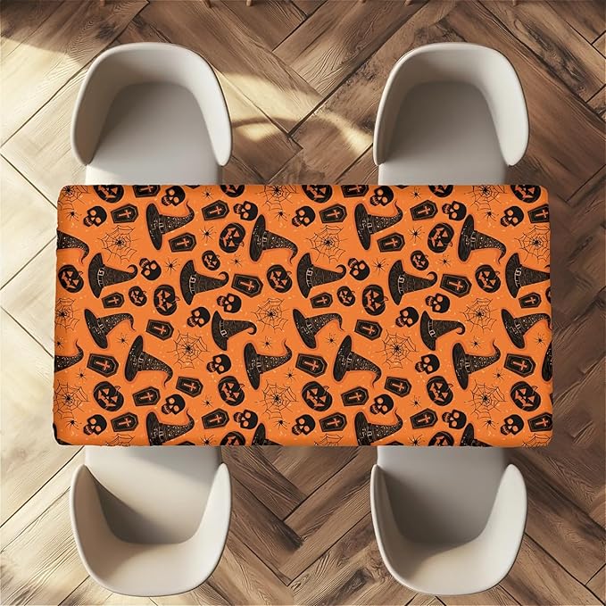 Rectangle Table Cloth Cover Waterproof Elastic Fitted Polyester Fitted Tablecloths for 6 Foot Tables for Indoor,Picnic, Camping, Outdoor （60" x 30"，Halloween Tablecloth）