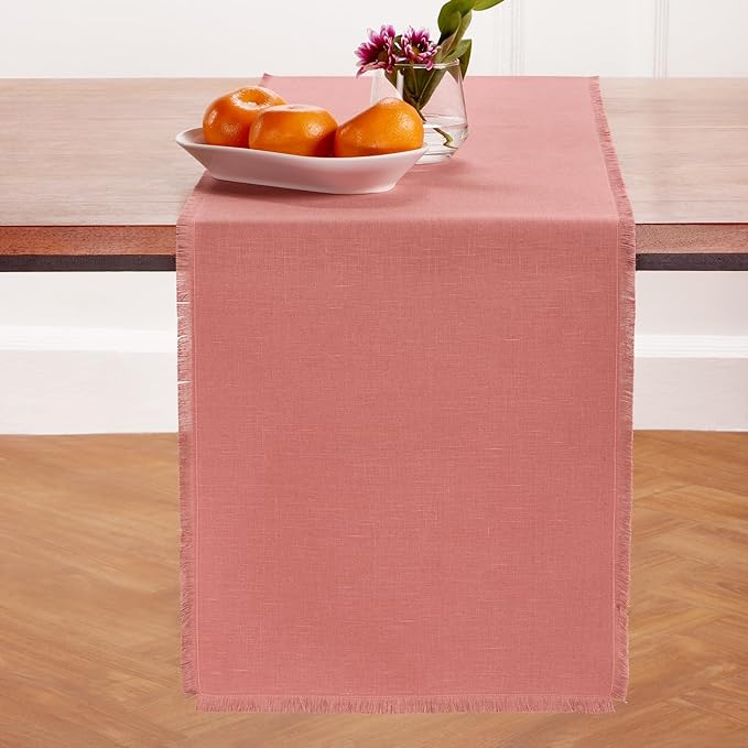 Solino Home Fringe Linen Table Runner 48 Inches - 100% Pure Linen Dusty Rose Table Runner 14 x 48 Inch Ideal for Dresser and Coffee Tables - Valentines, Spring, Easter